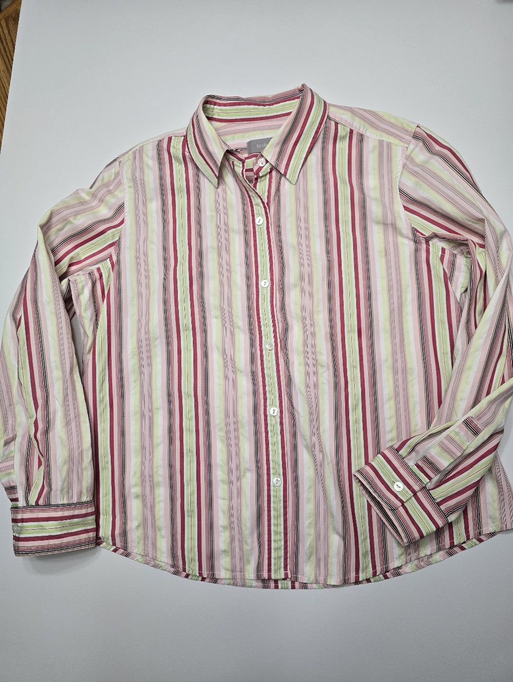 Liz Claiborne Striped Button-Up Shirt in Pink, Green & Cream